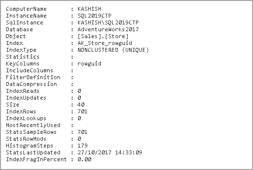 Index information in a specified instance on a particular database