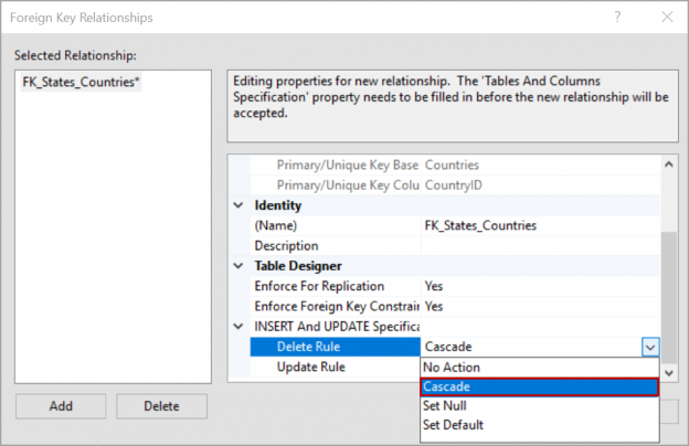 ELIMINAR EN CASCADA y ACTUALIZAR CASCADA en la clave externa de SQL Server