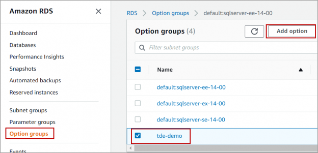 option group to enable Transparent Data Encryption in AWS RDS SQL Server