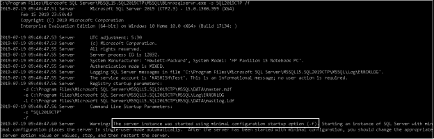 SQL Server start in the minimal mode