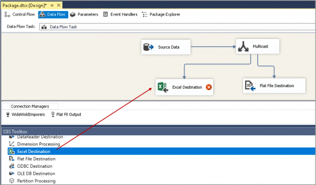 Add an Excel file output in the SSIS Multicast Transformation