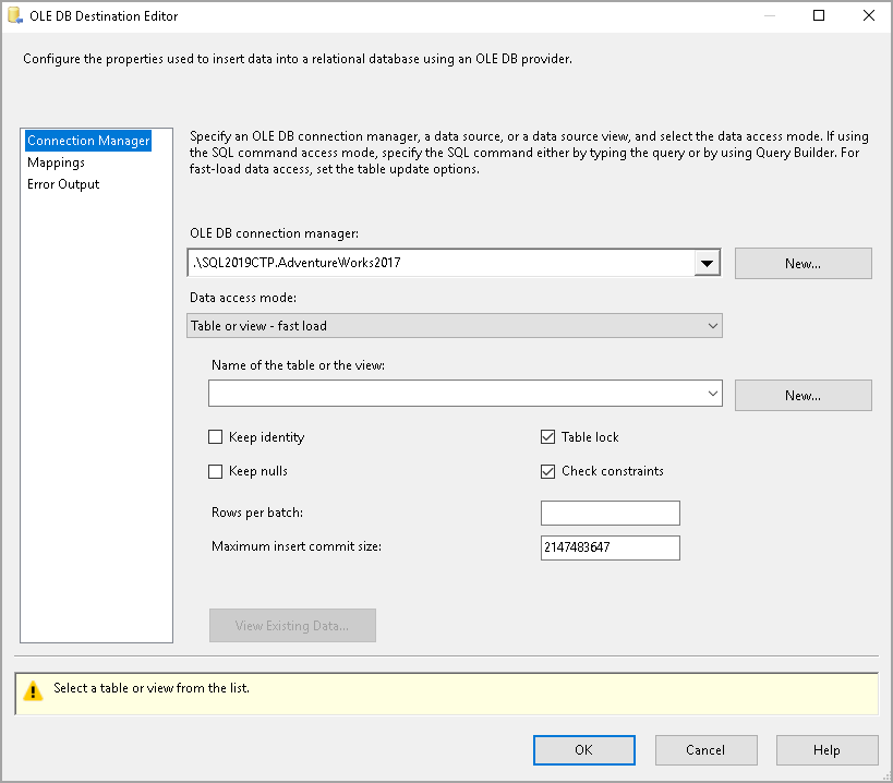 OLE DB Destination editor