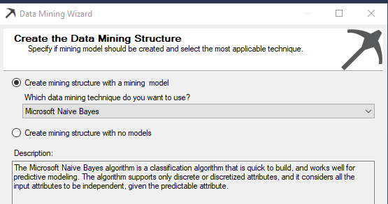 Selection of Naive Bayes Algorithm during the creation of dat mining structure.