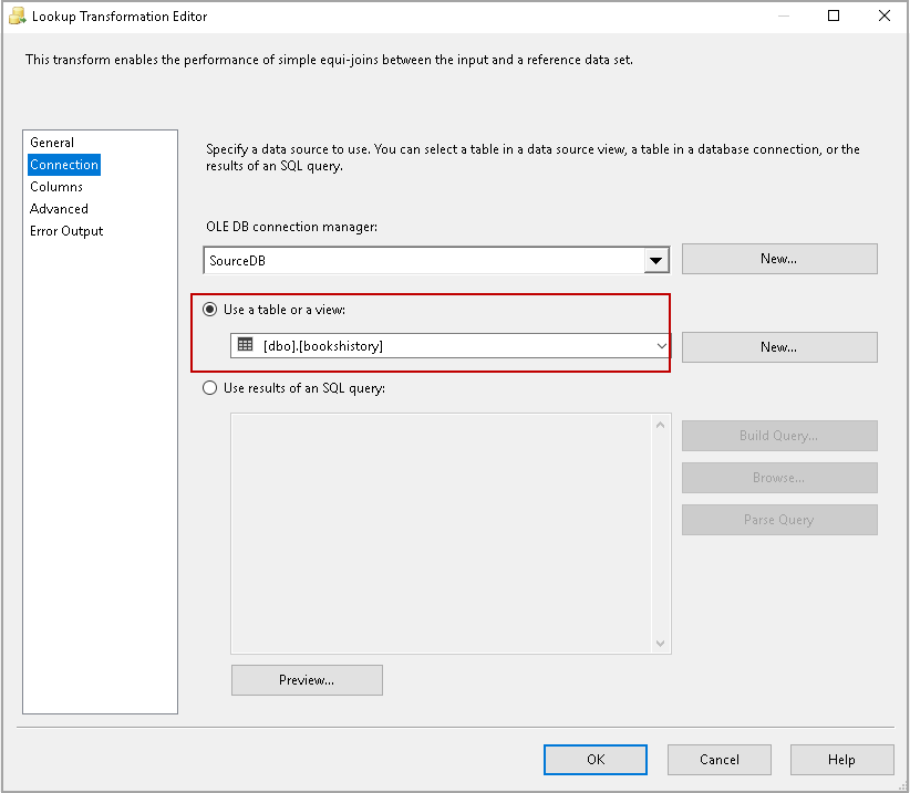 Specify the destinaton table in Lookup transformation in SSIS