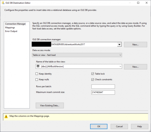 This image is a screenshot of the SSIS OLE DB Destination editor