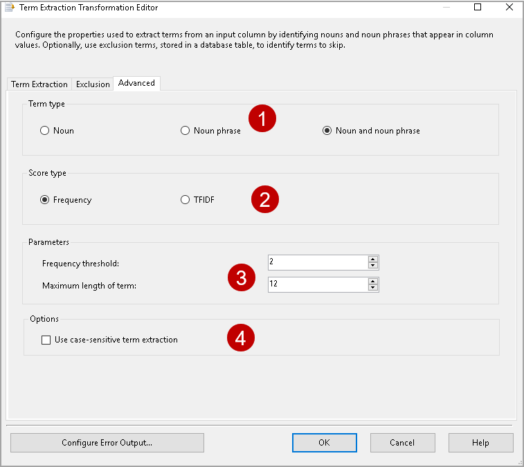 term extraction transformation editor advanced section