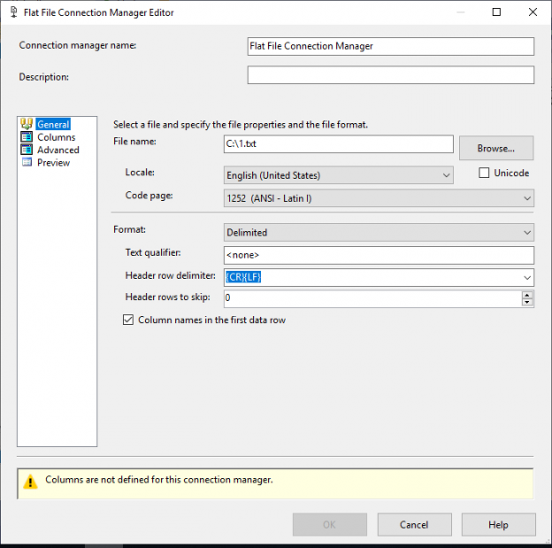 This image shows a screen shot of the SSIS flat file connection manager