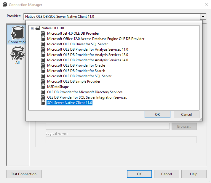 Microsoft native client. Ole DB provider. Поставщик данных Microsoft ole DB provider for ODBC Drivers. Ole DB ??? Microsoft Analysis services. ЦФТ Oracle ole DB provider.