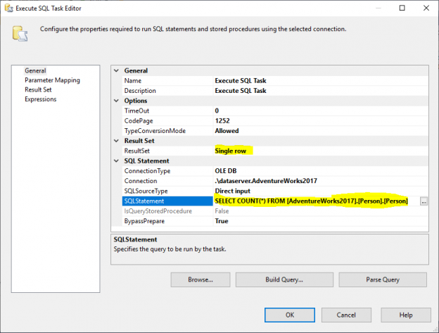 the general tab page of the execute sql task