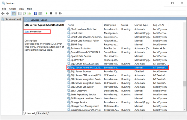 How to start the SQL Server Agent service using Services to fix the Agent XPs disabled error.