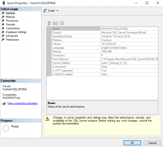 Server property dialog box