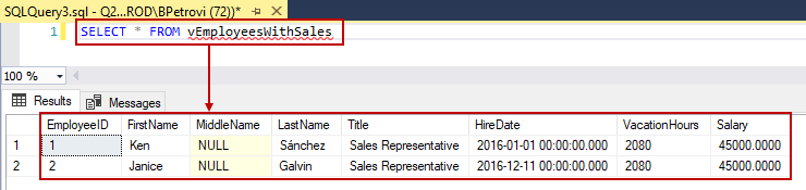Results of a SELECT query using the view as the source