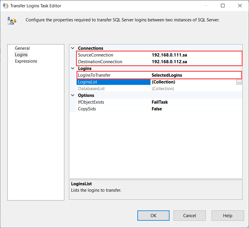 SSIS Transfer Login task editor
