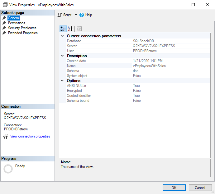 View properties window of a view in SQL Server Management Studio