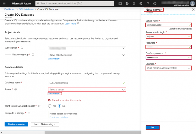 Create SQL Database page in Azure