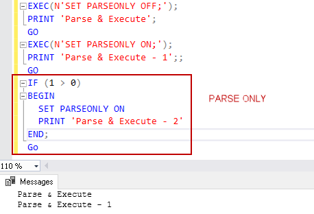 dynamic execution conditions for PARSEONLY SQL command