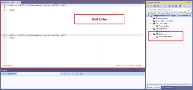 Generated Biml script file and Biml Editor window