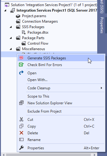 Generating SSIS package from Biml Script