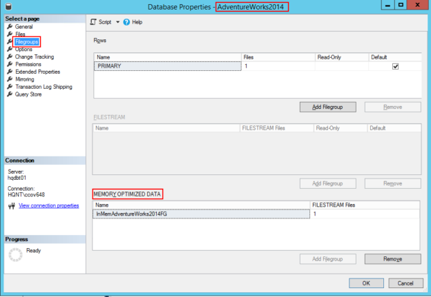 Identify memory_optimized_data option using SSMS