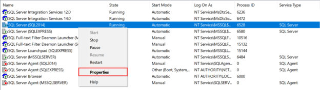 SQL Server service properties