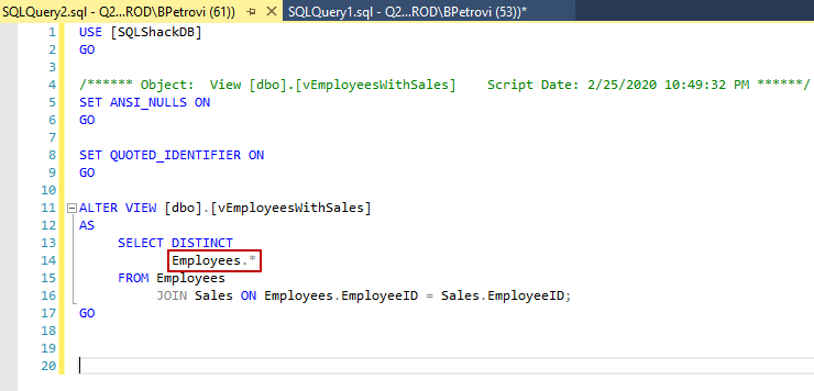 An automatically generated script for altering a view from Object Explorer in the query editor