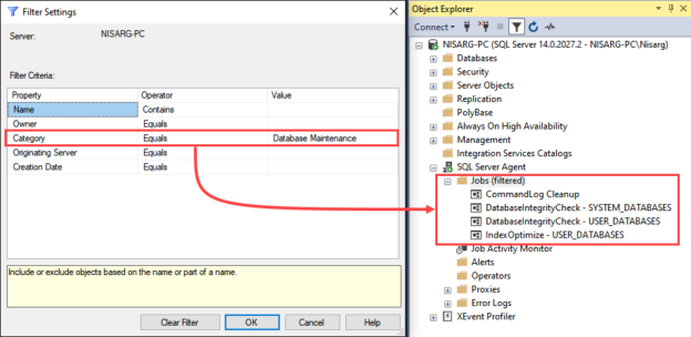 Filter settings criteria for SQL Jobs in SSMS 2016