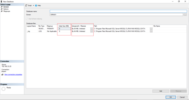 New database with Database File Size