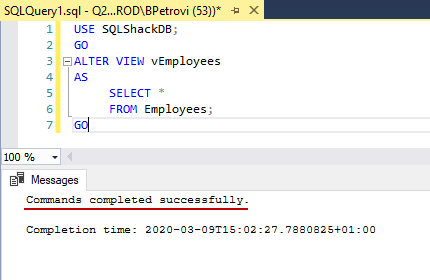 Successfully executed CREATE VIEW SQL statement for altering view's definition in SSMS