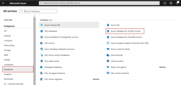 List of all database services provided by Azure