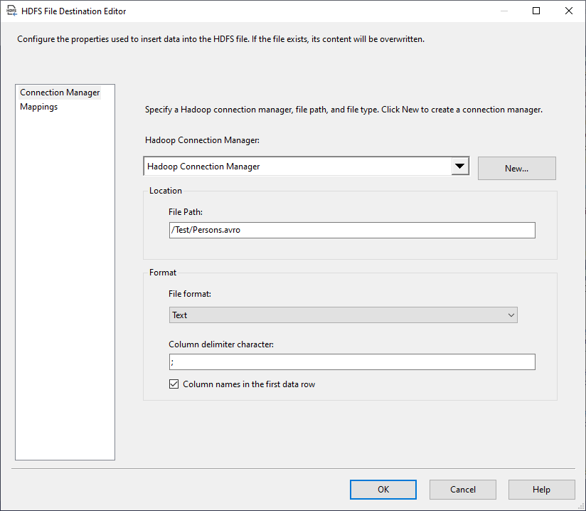 HDFS file destination editor
