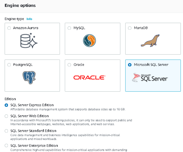 Engine options AWS RDS SQL Server