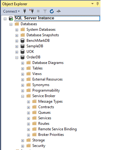 SQL Service Broker objects in the SQL Server Management Studio,