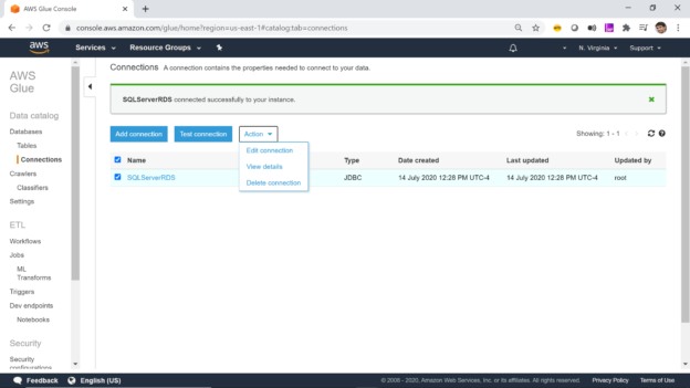 AWS Glue Connection Actions