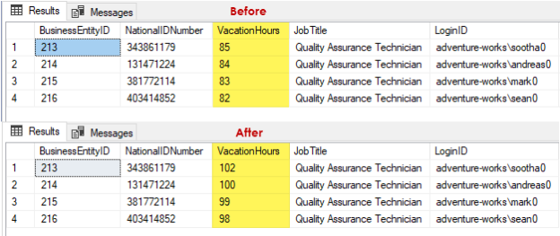 Results grid showing before and after values of the Vacation Hours column