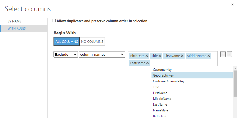 Selecting columns by rules.