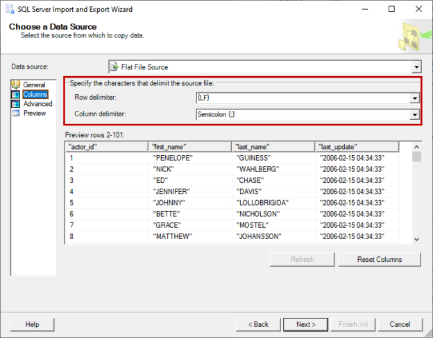 choose data source (Columns tab)