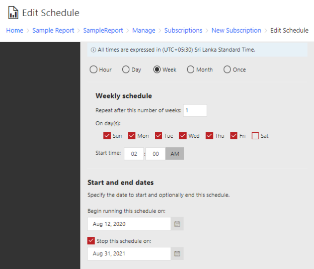 Creating a Weekly schedule for the Standard Subscription in SSRS.