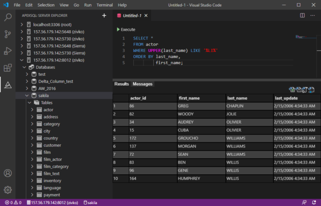 Executed SQL script in Visual Studio Code with a Query results pane