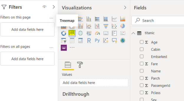 Selecting the treemap visualisation to add on to our report.