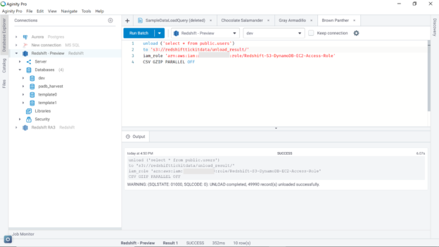 Unload command with data compression and parallelism off