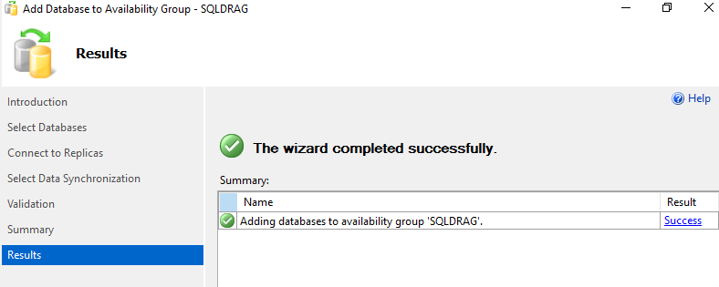 Wizard success message