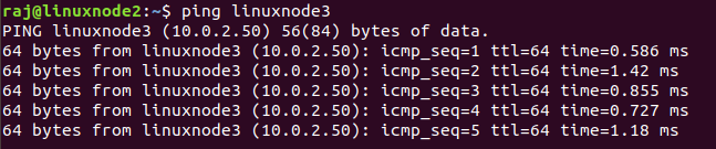 Ping response from linuxnode2 to linuxnode3