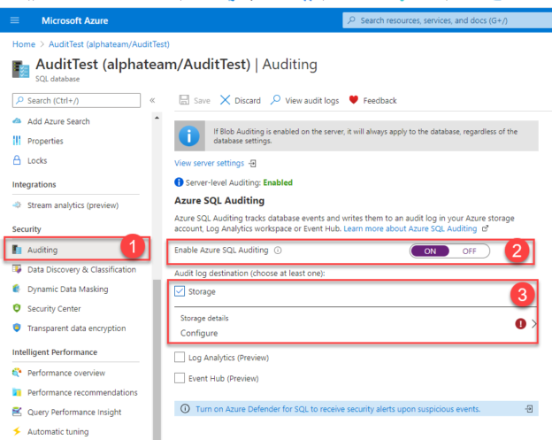 Auditing configuration page for database policy specification in Azure portal
