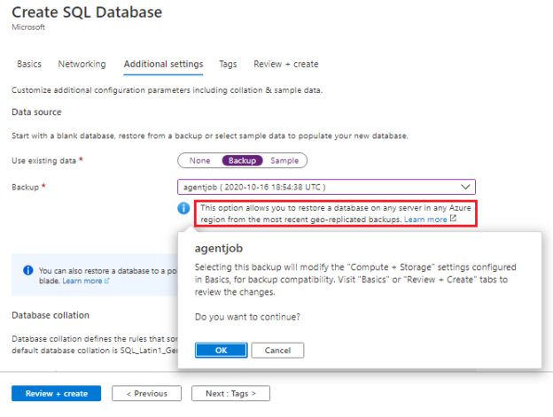 Create Azure SQL Database using Azure portal to restore the geo backup