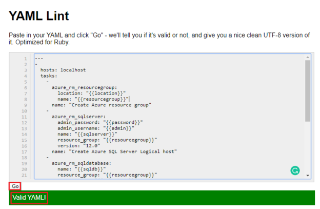 yamllint to validate Azure SQL database configuration