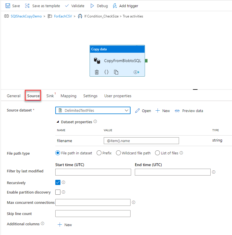 Copy activity source