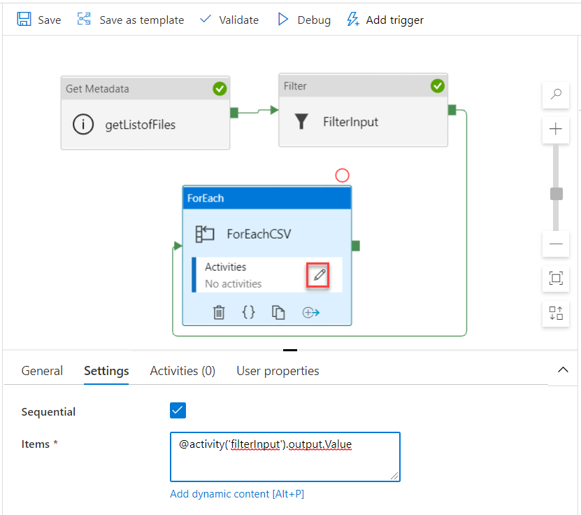 ForEach Activity settings