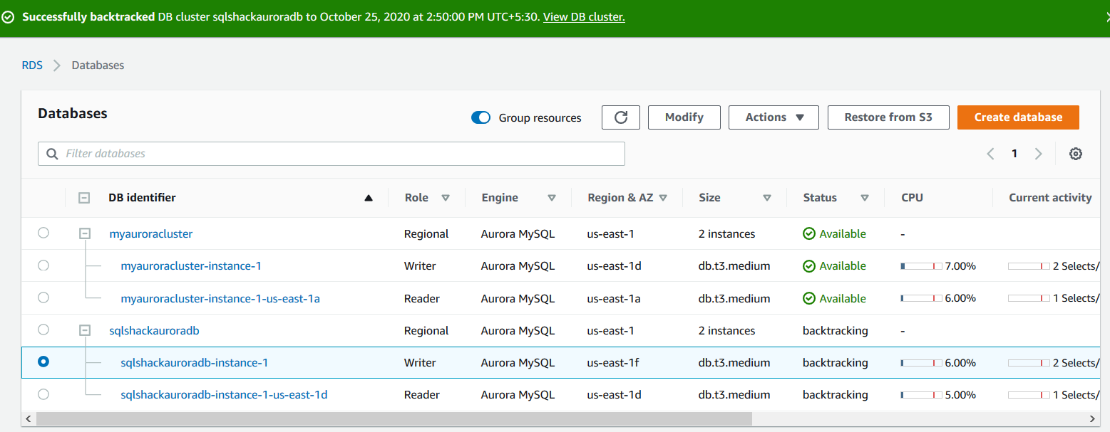Rewind or forward the amazon aurora cluster with mysql compatibility