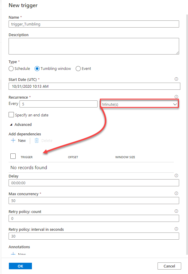 Tumbling window trigger
