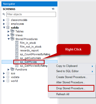 Drop procedure using MySQL Workbench